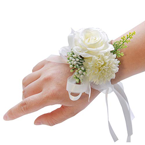 Latious Wedding Bride Rose Wrist Corsage White Bridesmaids Wrist Flower Flowergirl Hand Floral Decor Bridal Prom Party Accessories for Women and Girls (White)