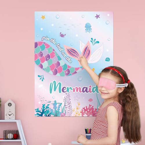 Image of WERNNSAI Pin The Tail on The Mermaid - Mermaid Party Decorations Ocean Party Games for Wall Home Room Birthday Party Favor 21'' x 28'' Poster with 24PCS Tail Stickers