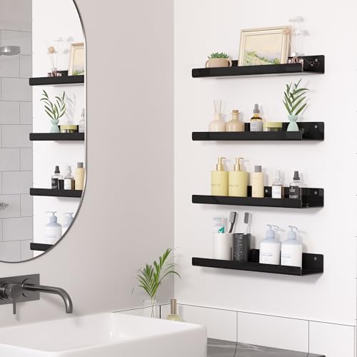 Image of upsimples 2 Pcs 15 inch Acrylic Shelves for Wall Organize and Display, Black | Cute Floating Shelf for Perfume, Skincare, Nail Polish, Wall Organizer for Bedroom, Living Room, Playroom, Room Decor