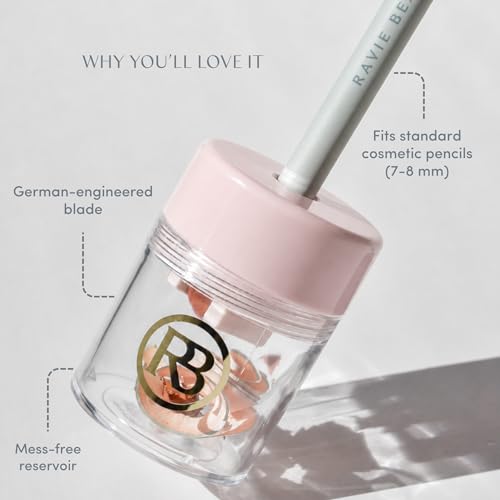 Image of Ravie Beauty Lip and Eye Liner Pencil Sharpener with German Blade and Mess Free Reservoir for Smooth Precise Tips, Travel Friendly for Standard Makeup Pencils (Pink)