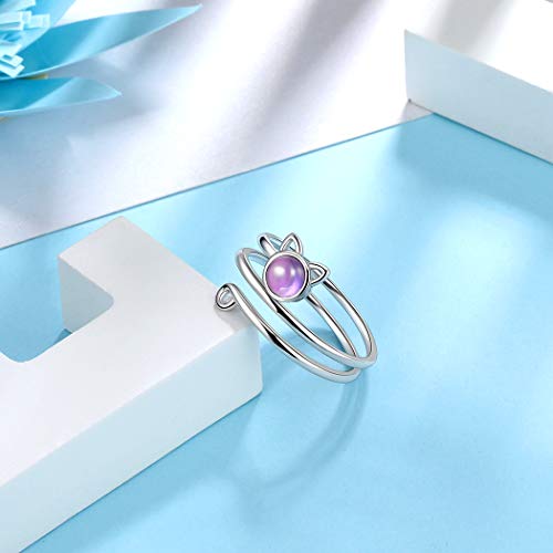 Cute Cat Adjustable Ring Lovely Kitty Cat Open Ring With Crystal Amethyst Animal Ring 18K White Gold Plated Over 925 Sterling Silver Cat With Birthstone Ring Fashion Jewelry Gift For Women Girls Fr23F #TOP7
