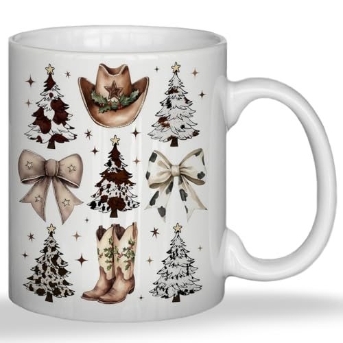 JINYO Coquette Christmas Western Mug, Cow Print Bow Christmas Tree Coffee Cup, Cowboy Hat Boost Southwestern Xmas Holiday Ceramic Coffee Tea Mug 11 oz