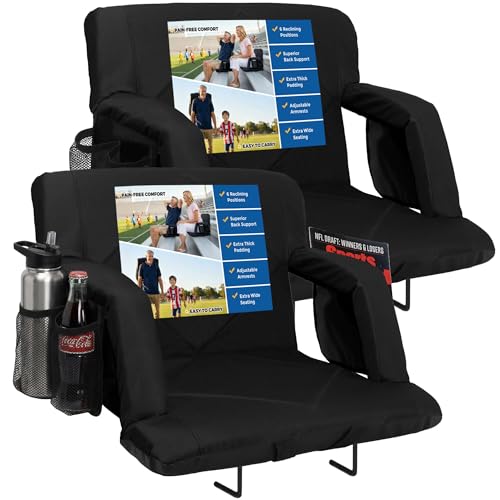 Sheenive Stadium Seats with Back Support (380 lbs) - 2.8'' Thick Comfy Cushion, 6 Adjustable Angles Bleacher Seat with Armrests - Includes Backpack Strap, Carry Handle, 2 Cup Holders & 2 Large Pockets