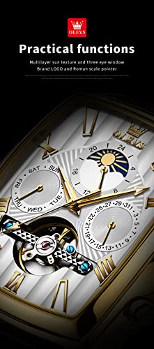Image of OLEVS Mechanical Dress Mens Watches Square Brown Leather Strap Moon Phase Skeleton Tourbillion Day Date Waterproof Luminous Men's Wrist Watches