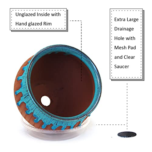 Summer Impressions Succulent Pot 5.3 Inch Hand Glazed Plant Pot Round Ceramic Succulent Planter With Drainage And Saucer Cactus Clay Pot (Brown With Flowing Green) #TOP2