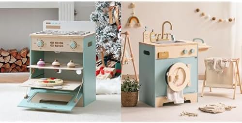 ROBOTIME Juego de horno de cocina de juguete de madera y lavadora con pizza, cupcakes, cesta de ropa y accesorios de juego de simulación de hierro