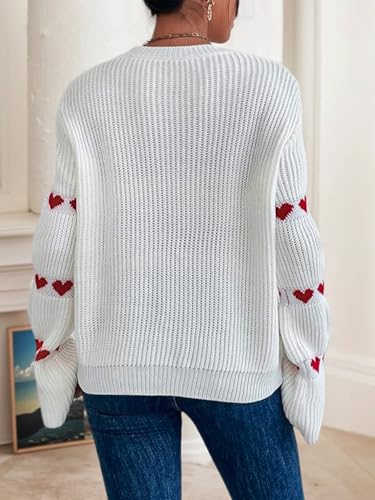 Image of Women's Casual Heart Cute Sweater Round Neck Drop Shoulder Long Sleeve Knitted Pullover Sweater Top