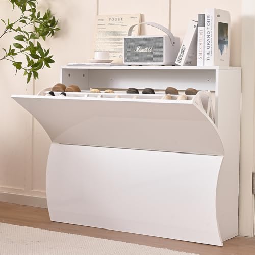 Shally Dogan Scarpiera Ondulata in Legno con Finitura Lucida Bianco, Porta Scarpe Salvaspazio con Ante a Ribalta Doppia Profondità, Portascarpe Slim per Ingresso, Cameretta, Soggiorno (2 Ante)