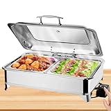 【Großes Fassungsvermögen】Der 9-Liter-Chafing Dish mit großem Fassungsvermögen bietet Platz für ausreichend Geschirr und hält das Essen immer köstlich und heiß, sodass mehr Freunde oder Kunden gemeinsam die Freude am Essen genießen können. Geeignet für Heimküchen, Hochzeiten, Partys, Bankette, Buffets und andere Anlässe.