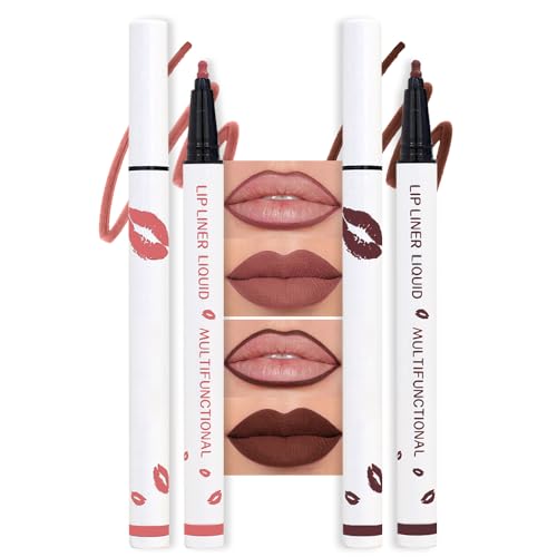 Image of 2Pcs Longwear Liquid Lip Liner Stain Marker Pen Set Long Lasting Waterproof, Maroon Dark Red Brown Dusty Mauve Matte 24 Hour Lip Liner and Lipstick Combo, Color Stay Lipliner, Lips Stain peel off