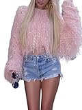 Matériau : le haut court duveteux est léger, super doux et chaud pour l'hiver et l'automne pour les femmes et les filles dans un style ample surdimensionné, si mignon et beau petit pull court, motif uni avec franges