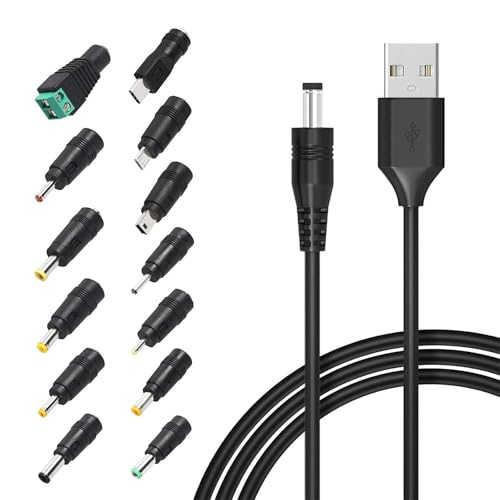 STFMHEZ USB to DC 5V Cable, 1.5M Universal Power Cable Charging Cord With 13 Interchangeable DC Connectors Tips - 5.5x2.1mm, 5.5x2.5mm, Type C, Micro USB, Mini USB and More