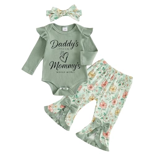 Rourufy Newborn Baby Girl Clothes Ribbed Knit Bodysuit Flower Bell Bottoms Set Romper Flare Pants Fall Coming Home Outfits (A Daddy's Girl Mommy's World Green, 3-6 Months)