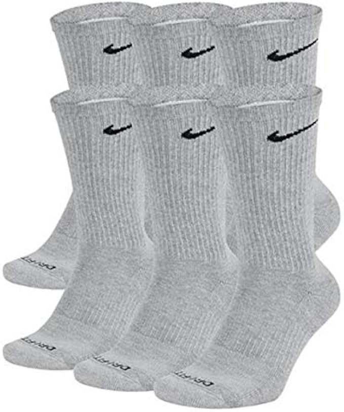 NIKE Dri-Fit Training Everyday PLUS MAX Cushioned Crew Socks 6 PAIR Wolf Grey Black Swoosh Logo) LARGE 8-12