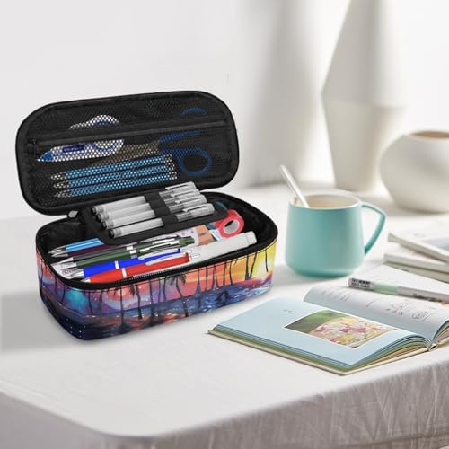 Image of Starry Beach Kids Large Pencil Pouch for Boys Girls Tropical Pencil Case with Metal Zipper Children Pencil Box for Adults Women Men Coin Purse Makeup Bag for Office Supplies