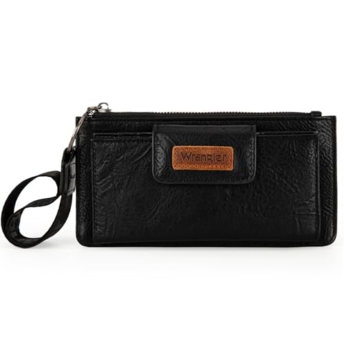 Image of Montana West X Wrangler Black Minimalist Wallet for Women Ladies Female Card Cases & Money Organizers Wristlet with Wallet Large Clutch with Coin Purse Smooth Zipper and Rfid Lining