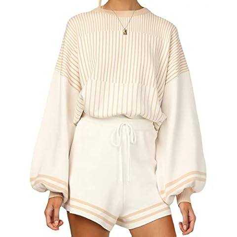 Rxozrxoz Women's Casual Striped 2 Piece Knitted Outfits Crewneck Wide Leg Pullover Knit Shorts Sweater Set (Apricot-M) Cover