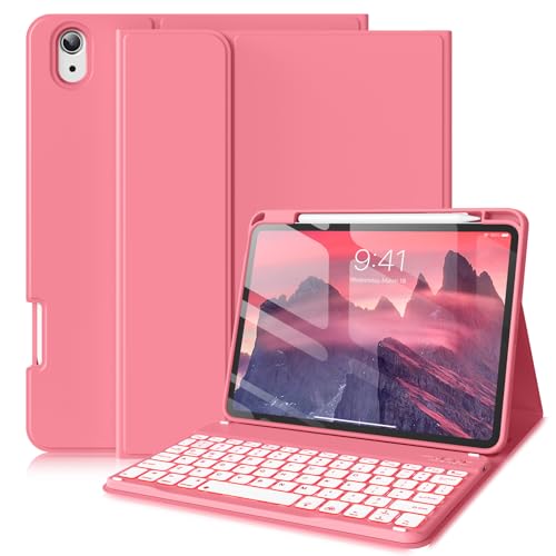 ZKTUYU for iPad (A16) 11th 10th Generation Case with Keyboard - 7 Colors Backlit Wireless Detachable Folio Keyboard Cover with Pencil Holder for iPad 11/10.9 inch 2025/2022 (Pink)