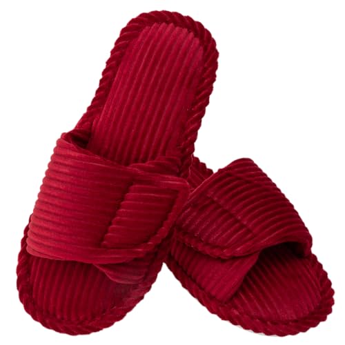LZSYC Woman Memory Foam Slippers Open Toe Soft Corduroy Hook& Loop Non-Slip Indoor Outdoor Sole House Shoes Red US9-10