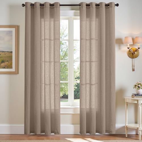 jinchan Semi Sheer Curtains 90 Inches Long for Bedroom Linen Curtains Light Filtering Living Room Curtain Panles Grommet Curtains Farmhouse Burlap Tex