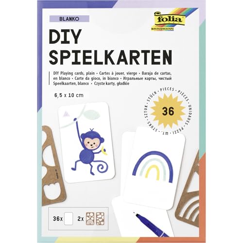 folia 2327 - DIY Spielkarten BLANKO, 36 Stück ca. 6,5 x 10 cm, Spielkarten-Set mit leeren Karten in Weiß, 2 Schablonen aus Kraftpappe und einer Vorlage, Kartenspiel zum selber gestalten
