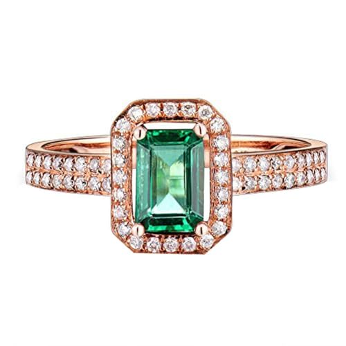 Lanmi Emerald Ring For Women, 14K Solid Rose Gold Rings - Emerald Green Ring with Diamond, Vintage Natural Emerald Rings & Real Diamond Eternity Band For Couple Engagement Ring(1025)
