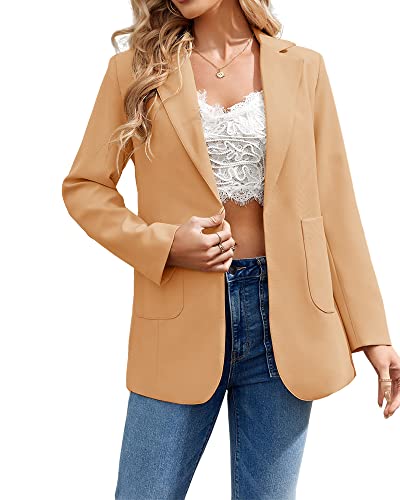 Cnkwei Womens Casual Blazers Open Front Long Sleeve Lapel Collar Work Office Jacket Khaki #TOP2