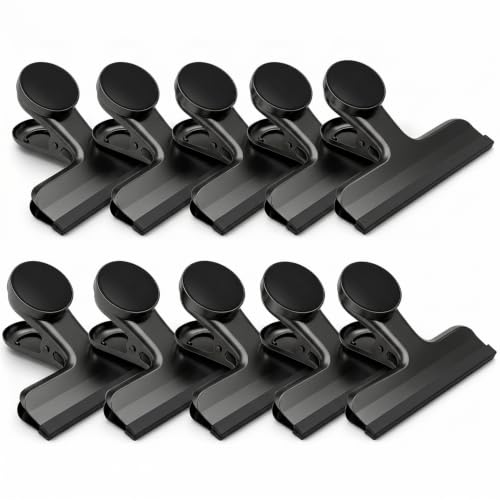 Image of Chip Clips Bag Clips, 10 Pack Strong Magnetic Bag Clip Silicone-Covered Edges No Scratch Airtight Seal, Stainless Steel Heavy Duty Food Clip for Fridge Kitchen Food Storage, Black