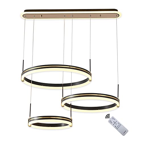 Lámpara de Techo Colgante LED Moderna Regulable, 70W Lámpara de Techo Suspendida 3 anillos 30+40+50cm, Ajustable Lámpara de araña LED para Comedor Cocina Sala de estar, con Control Remoto, Negro Oro Cover