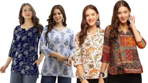 Image of Women's Printed Short Kurti Tops Rayon Cotton Blend Tunic Combo