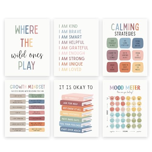 UNXIS Growth Mindset Lot de 6 affiches pour décoration murale « It Is Ok To Be Yourself » - Décoration murale sur toile - Tableau des stratégies d'angle apaisantes - 20,3 x 25,4 cm - Sans cadre - Pour