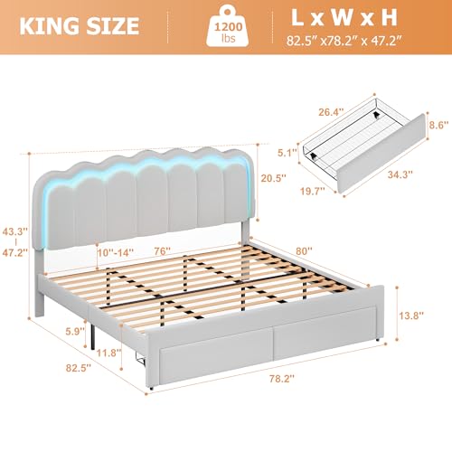 King Upholstered LED Bed Frame with 2 Storage Drawers and Adjustable Chic Double Wavy Headboard, Velvet Princes Platform Bed with Charing Station, Solid Wood Slats Support, No Box Spring Needed, Grey