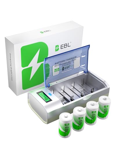 Image of EBL Rechargeable D Batteries with Charger - LCD Universal Smart Battery Charger for C D AA AAA 9V Ni-MH Ni-CD Batteries With D Batteries (4 PACK)