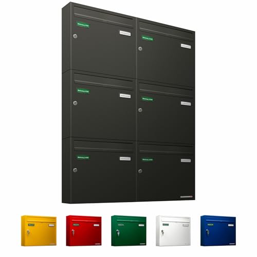 AL Briefkastensysteme Basic 6er Briefkasten DB 703 Eisenglimmer Grau 6 Fach DIN A4 wetterfest Briefkastenanlage mit Posthaltebügel und 2 Namensschildern