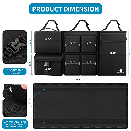 Hanging Car Trunk Organizer with Cooler, Large Pockets, Zippers Detachable Seat Back Waterproof Car Storage Trunk Organizer for Jeeps, SUVs, Black