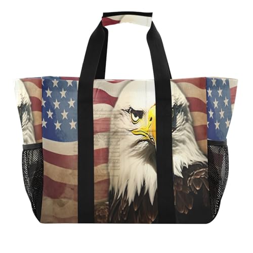 Nander American Flag and Eagle Foldable Tote Bag Waterproof Sandproof Women Beach Bag Handbag Gym Bag Travel Shopping Bag
