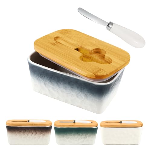 GLAVIONIX Butter Dish with Lid, 6.5" Large Butter Container for Countertop, Ceramic Blue Butter Keeper Container with Knife, Bamboo Cover and High-Quality Silicone Sealing for Home Decor Kitchen GLAVIONIX Butter Dish with Lid, 6.5" Large Butter Container for Countertop, Ceramic Blue Butter Keeper Container with Knife, Bamboo Cover and High-Quality Silicone Sealing for Home Decor Kitchen