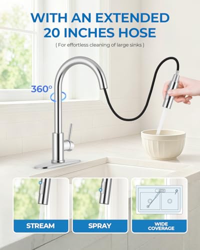 Image of WEWE Kitchen Faucet with Pull Down Sprayer, Polished Chrome SUS304 Stainless Steel Kitchen Sink Faucets, High Arc Single Handle Faucet for Kitchen Sink, Commercial Modern Farmhouse RV Utility Faucet