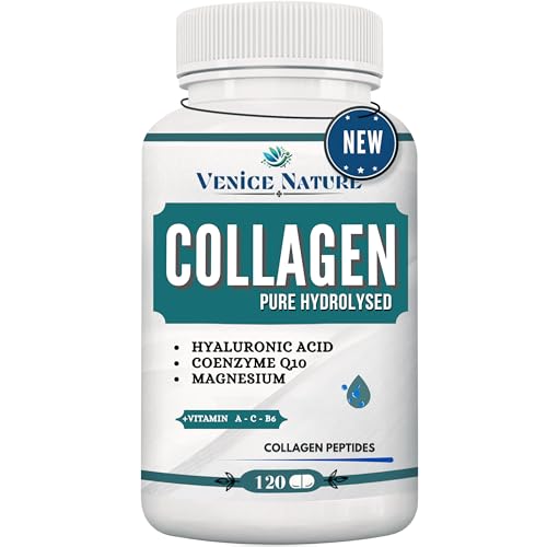 Colageno con Magnesio - Colágeno Hidrolizado y Ácido Hialurónico + Coenzyme Q10 + Vitamina C + Vitamina B6 - Collagen Venice Nature