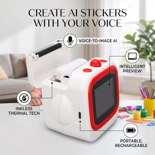 Image of AI Voice Sticker Printer, Smart Thermal Printer with Bluetooth, 2.4 Inch Preview Screen, Inkless Technology, Black and White Print, Custom Plays