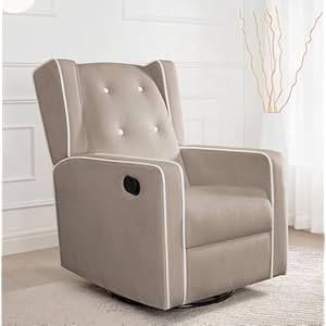 Relieve Muscle Aches with Nursery Glider Upholstered Rocker Recliner Rocking Breastfeeding Maternity Chair with 360 Swivel Motion Soft Cushions for Nursing and Bonding Baby Reclining Chair Mocha