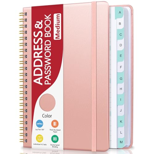 Address Book with Alphabetical Tabs, Hardcover Phone Book Password Keeper with Spiral Binding, Address Books for Seniors, Record Internet Logins, Coloring Pages - 5.7"Ã—7.7" (Rose Gold)