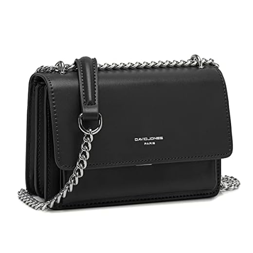 David Jones - Petit Sac Bandoulière Femme Mini Pochette Téléphone Portable Cuir PU Rigide à Main Chaînes Porté Epaule Besace Rectangle Sacoche Soirée Shopping Ville Tendance Noir, Taille unique