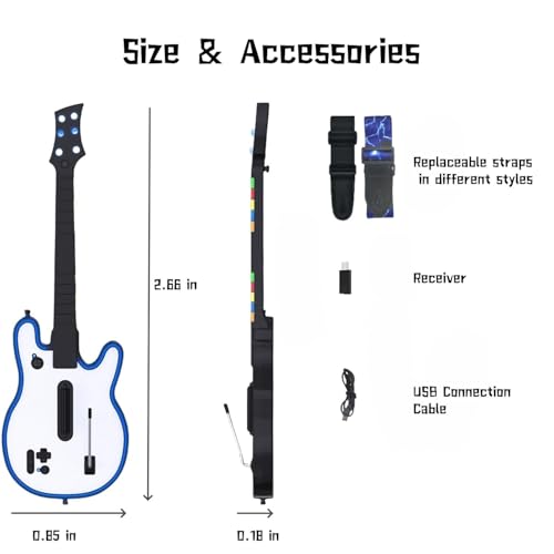 Image of Lyvix Wireless Guitar Hero Controller with RGB Lighting, Compatible with PS4 /PS3 /PC, Supports Guitar Hero 3 /4 /5, Rock Band 1 /2, Clone Hero, Fortnite Festival, Lightning Strap & Audio Jack - White Lightning