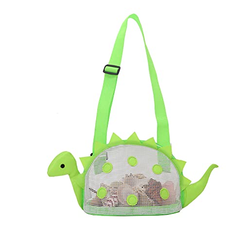 AUONY Beach Toy Mesh Beach Bag Kids Shell Bag Dinosaur Beach Sand Toy Totes for Holding Shells Beach Toys Sand Toys Swimming Accessories for Boys Girls Picking Up Shells (Green)