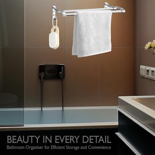 Image of Pivalo Towel Rod Wall Mounted Double Aluminium Rail Napkin Holder Multipurpose Hanger Stand Bathroom Accessories Bar for Home Kitchen Washroom (Pack of 1, Silver, 1028)