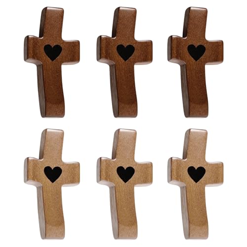 KEORHEZ 6 unidades de cruz de madera tallada, talladas a mano, cruz de amor de madera con corazones para aliviar el estrés, oraciones devocionales, bautizo, comunión