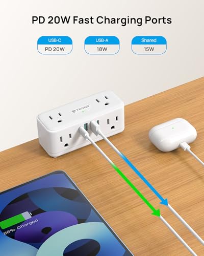 Image of TROND Compact Desk Clamp Power Strip 10 ft, Fit 2.16 inch Tabletop Edge, White | Flat Plug Fit Behind Furniture, 6 AC, 2 USB-C PD 20W, 2 USB-A, 900J, Space-saving for Small Home Office Desk Accessories