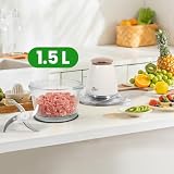 Uten elektryczna szatkownica, 400 W, szatkownica do warzyw, cebuli, 1,5 l, szklany pojemnik, odporna na pryskanie, maszynka do mięsa z 4-łopatkowym nożem, do mięsa, smoothie, cebuli, owoców, warzyw