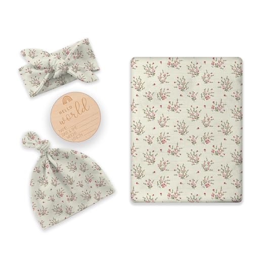 Image of Newborn Swaddle Set with Matching Hat and Headband Bow, Wooden Birth Announcement Card, Muslin Baby Swaddle Blankets for Girls, Wildflower Pattern